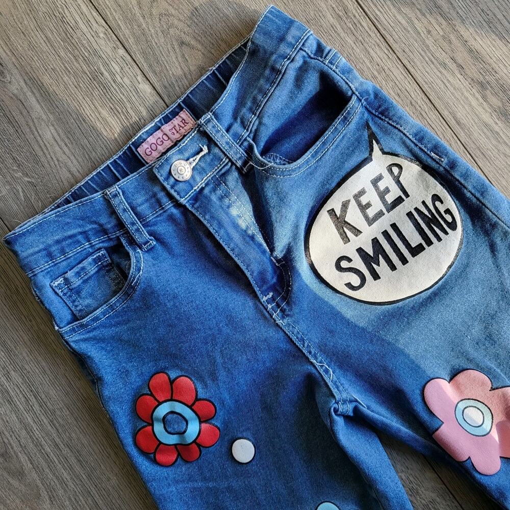 Gogo Star Girls "Keep Smiling" Graphic Jeans - Size 10 Floral & Cherry Fun!